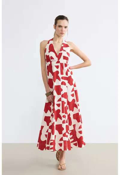 Rochie midi cu decolteu in V - Alb optic/Rosu vermillion