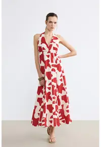 Rochie midi cu decolteu in V - Alb optic/Rosu vermillion