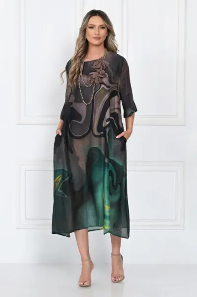 Rochie eleganta satinata A-line cu imprimeu abstract si croi lejer fluid, verde-inchis-negru-auriu