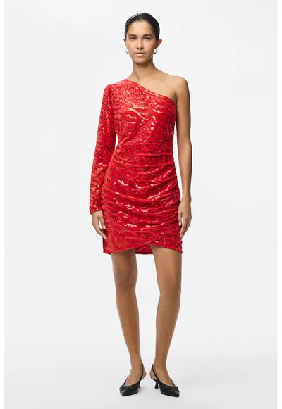 Rochie scurta cu paiete si decolteu pe un umar - Rosu vermillion