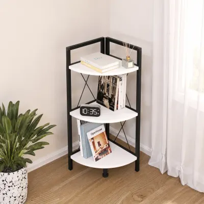 Etajera de colt din PAL si metal 33,5x33,5x87,3 cm, cu 3 rafturi, pentru living, baie sau birou