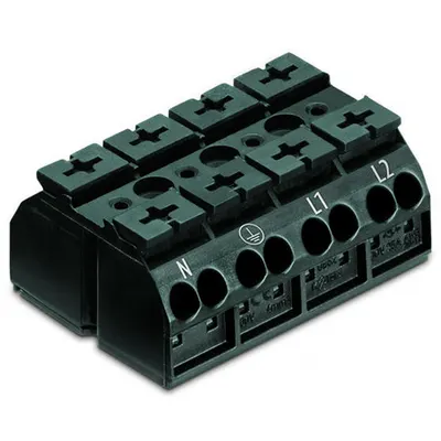 4-conductor chassis-mount terminal strip; 4-pole; N-PE-L1-L2; without ground contact; for 3 mm ø screw and nut; 4 mm²; 4,00 mm²; black