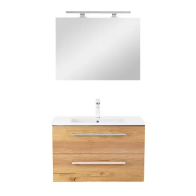 Set mobilier baie antracit-stejar cu lavoar ceramic 80 cm si oglinda 60x80 cm, Leziter Vario Clam