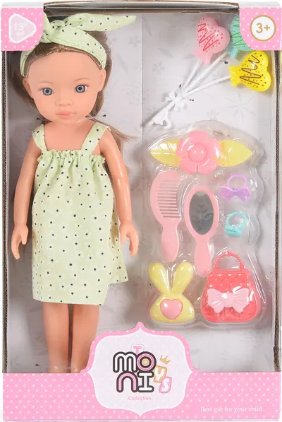 Păpuşă Moni Toys - Pretty Doll, cu o rochie verde și accesorii, 33 cm