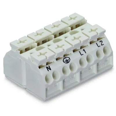 4-conductor chassis-mount terminal strip; 4-pole; N-PE-L1-L2; without ground contact; 1 snap-in foot per pole; 4 mm²; 4,00 mm²; white