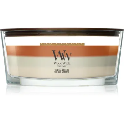 Woodwick Trilogy Vanilla Embers lumânare parfumată cu fitil din lemn 453.6 g