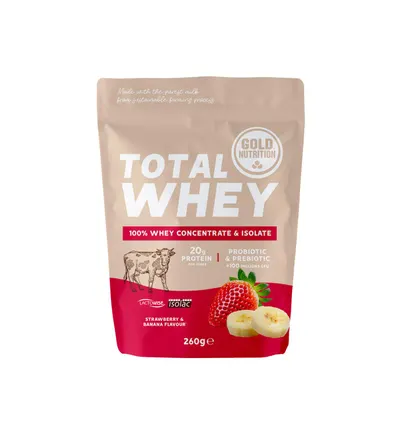 Pudra proteica, GoldNutrition, Total Whey capsuni si banane, 260 g