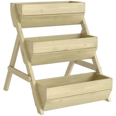 Outsunny Pat vertical cu 3 etaje din lemn, jardiniere 3 compartimente cu orificii de scurgere Verde | Aosom Romania