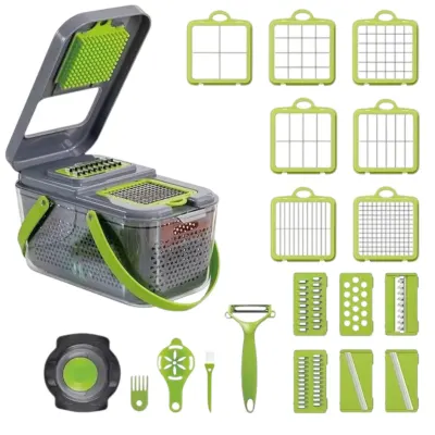 Razatoare Multifunctionala 22 de Piese pentru Legume si Fructe cu Functie de Caserola, Lame din Otel Inoxidabil si Maner Protectie Verde Engros