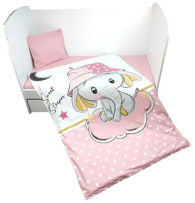Set de pat pentru bebeluși 5 piese Rainy - Elefant roz, 70 x 140 cm
