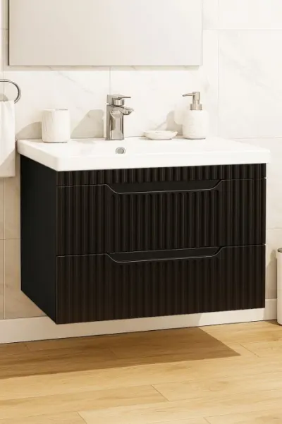 Set Baza front MDF si Lavoar seria 733, suspendata, cu sertare, montat, 80 cm, negru