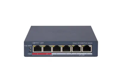 Switch PoE Hikvision DS-3E1106P-EI: 4 × 10/100 Mbps PoE port,2 × 10/100 Mbps RJ45 port, 4 porturi PoE maxim 30W, buget PoE 60W