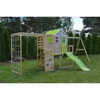 Casuta de gradina Lime Lodge cu tobogan, leagan dublu, modul sport Wendi Toys