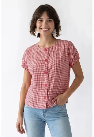 Camasa Femei - Gingham - rosu - Bumbac|Poliester - Maneci scurte - Regular fit