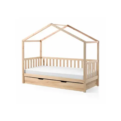 Pat pentru copii în culoare naturală de tip casă/cu extensie suplimentară din lemn masiv de pin cu spațiu de depozitare 90x200 cm DALLAS – Vipack