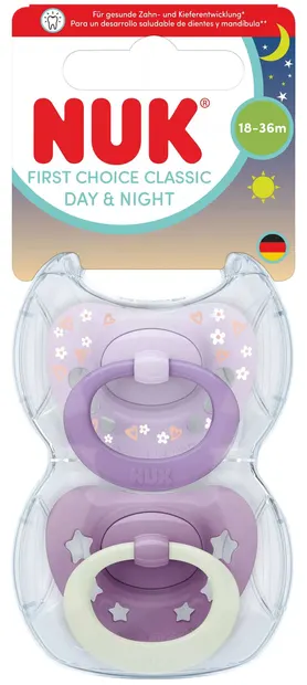 Suzete din silicon NUK First Choice - Day & Night, 18luni+, pentru fată, violet, 2 buc