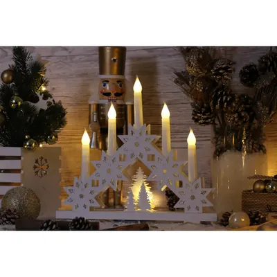 Piramida Craciun, LED din lumânari, stea,lemn, alba,cu bat. Timer 6+18h,5LED, 3000K, 2xAA