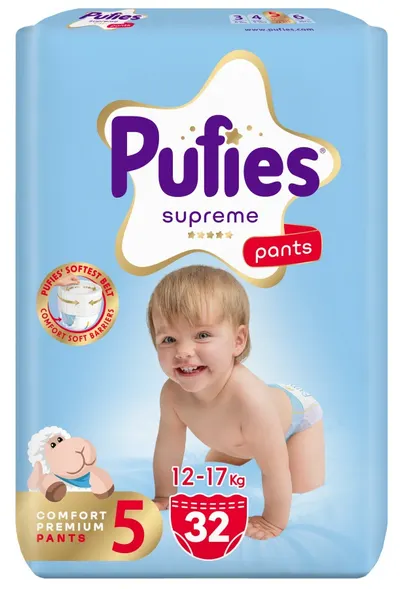 Scutece pantalonași Pufies Supreme - Mărimea 5 Junior, 32 bucăți, 12-17 kg, Value Pack