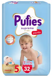 Scutece pantalonași Pufies Supreme - Mărimea 5 Junior, 32 bucăți, 12-17 kg, Value Pack