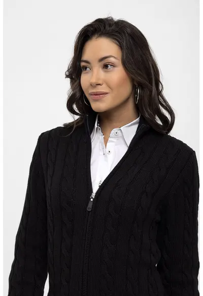 Cardigan cu design torsade si fermoar - Negru