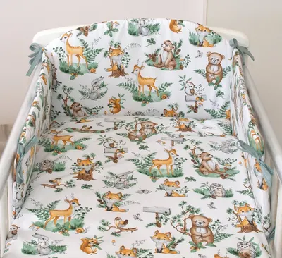 Set lenjerie din bumbac cu protectie laterala pentru pat bebe 120 x 60 cm Animalute de padure Amy