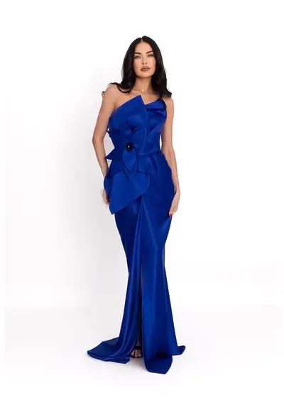Rochie lunga satinata cu aplicatie florala - Albastru royal
