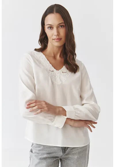 Bluza din lyocell cu dantela sangallo - Alb murdar