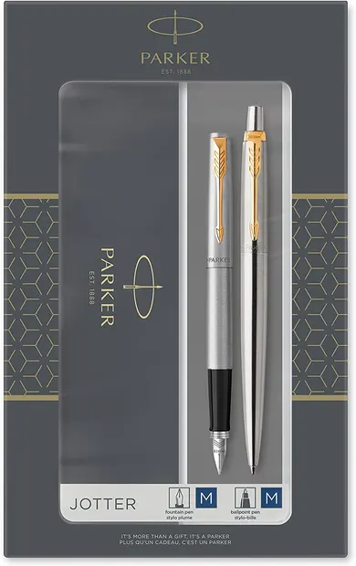 Set stilou Parker Jotter Stainless Steel - Cu pix, placat cu aur