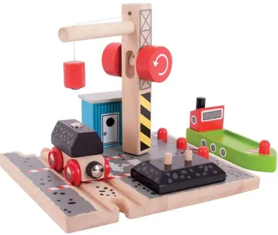 Set din lemn pentru copii Bigjigs -Macara de tren cu scripete magnetic