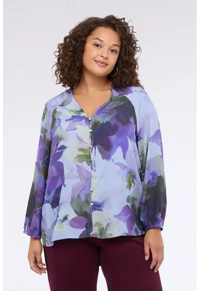 Camasa cu mansete elastice si model floral - Albastru lavanda/Kaki inchis/Ametist