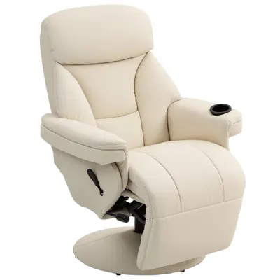 HOMCOM Fotoliu relax cu funcție de culcare, fotoliu TV cu buzunar lateral și suport pentru pahare pentru living și dormitor, crem | Aosom Romania