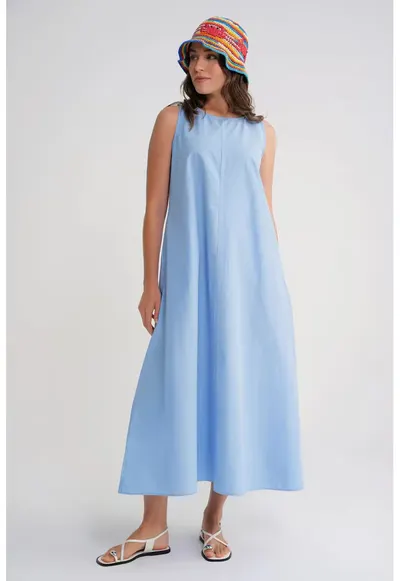 Rochie maxi croiala lejera - albastru - bumbac-poliester