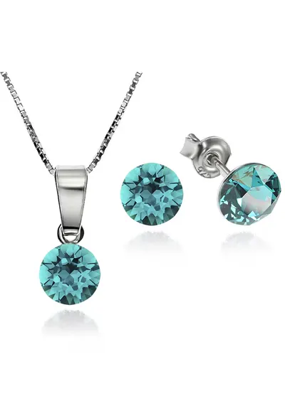 Set Argint 925 placat cu rodiu cu cristale Swarovski® Xirius 6mm Surub + Lant - Verde/Albastru