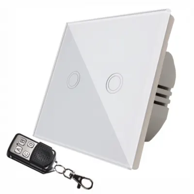 Intrerupator touch dublu + telecomanda RF, sticla securizata, alb