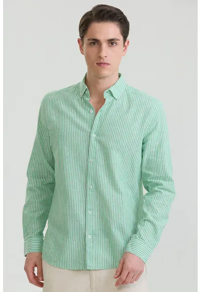 Camasa din amestec de in si bumbac cu model in dungi - Verde pal
