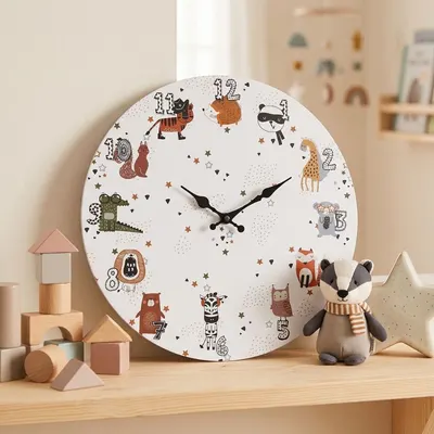 Ceas de perete pentru camera copilului, 33 cm, mdf, model animăluțe sălbatice