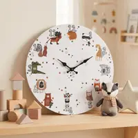 Ceas de perete pentru camera copilului, 33 cm, mdf, model animăluțe sălbatice