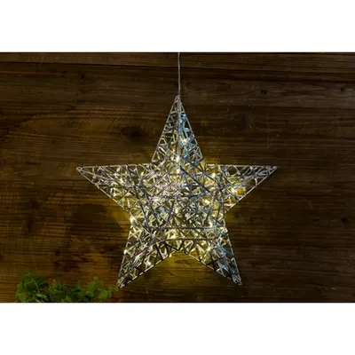 Lumina decorativa Craciun pt. geam, stea, metal, cu baterii Timer 6+18h, 30LED, 3000K, 3xAA