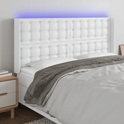 vidaXL Tăblie de pat cu LED, alb, 163x16x118/128 cm, piele ecologică