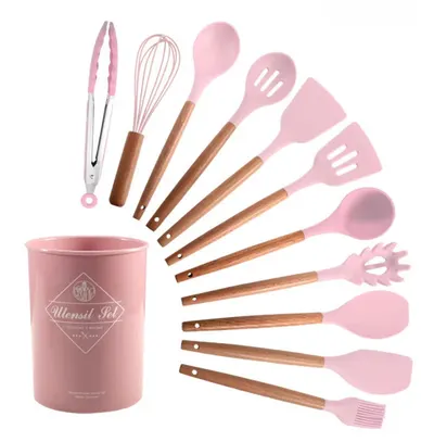 Set 12 ustensile MINI de bucatarie Lemn/Silicon ROZ