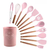 Set 12 ustensile MINI de bucatarie Lemn/Silicon ROZ