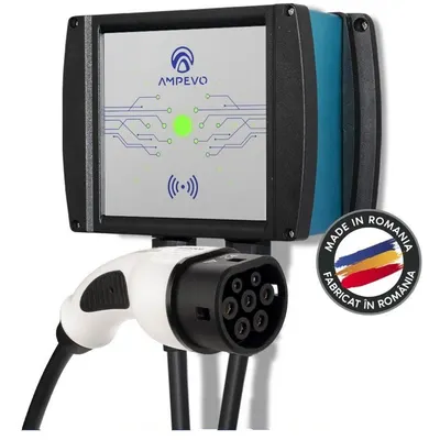 Statie incarcare masini electrice, 7.4 kW, monofazata, cablu Type 2, curent setabil 8-32 A, aplicatie mobila Ampevo AMP107T2GC-CP