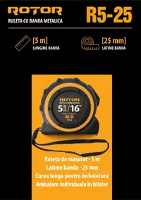 Ruletă 5m x 25mm ROTOR R5-25, Curea de mână, Auto-blocare