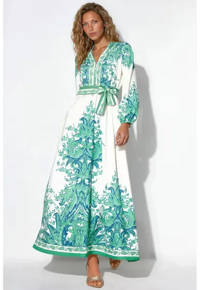 Rochie Maxi - Albastru - Elegant - Imprimeu Paisley - Maneca lunga - Cordon