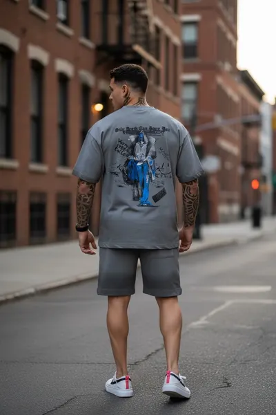 Compleu de vara tricou + pantaloni gri imprimeu pe spate AJ033 56-2