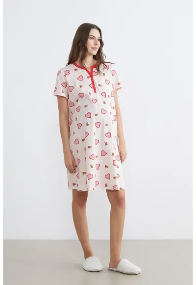 Camasa de noapte din bumbac cu model inimi - Rosu/Maro/Roz pal