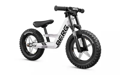 Bicicleta copii fara pedale Berg Biky Cross White 12 inch, cu frana de mana, anvelope pneumatice, scaun reglabil pe inaltime, varsta 2,5-5 ani, inaltime utilizator 90-120 cm, greutate maxima utilizator 30 kg
