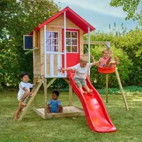 Casuta de gradina TP TOYS, Poppy Cottage, cu platforma cu loc pentru nisip, tobogan si leagan simplu, lemn, rosu/maro/alb