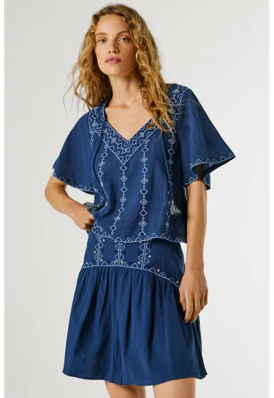 Fusta scurta din denim cu broderie Denver - Alb/Bleumarin