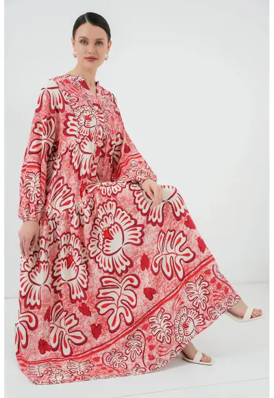 Rochie maxi dama - cu imprimeu - HiCCUP - decolteu in V - viscoza - alb/rosu